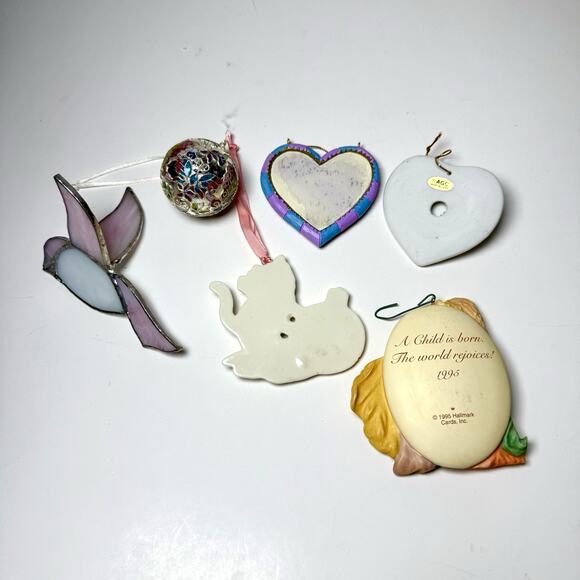 Vintage Ornament Lot Hallmark 1995 Cat Stained Glass Bird Cloisonné Heart Set - Picture 2 of 2
